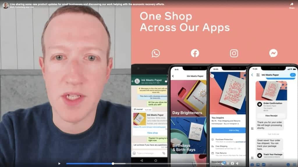Mark Zuckerberg announces that there will be a consistent Facebook Shops experience across Facebook, WhatsApp, Instagram, and Messenger.